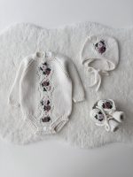 Merino Baby Romper Set, Embroidered Flowers, Bonnet and Socks