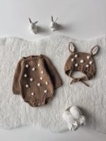 Merino Wool Deer Romper and Bonnet Set – Newborn Outfit, 0-3 Months