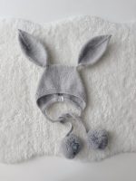 Angora Baby Bunny Bonnet - Rabbit Fur Pom Poms, 0-3 Months