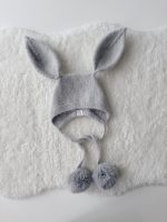 Angora Baby Bunny Bonnet - Rabbit Fur Pom Poms, 0-3 Months - Image 2