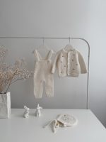 Knit Alpaca Baby Cardigan Romper & Bonnet Set – Cream outfit with bee embroidery