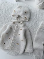 Knit Alpaca Baby Cardigan Romper & Bonnet Set – Cream outfit with bee embroidery - Image 4