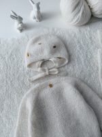 Knit Alpaca Baby Cardigan Romper & Bonnet Set – Cream outfit with bee embroidery - Image 8